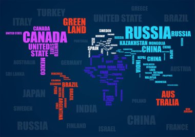 Tipografi renkli Dünya Haritası ülke adları ile