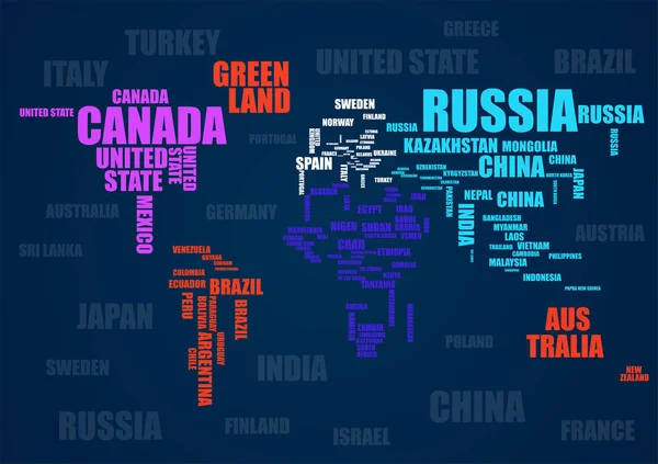 Typografie Bunte Weltkarte Mit Ländernamen — Stockvektor