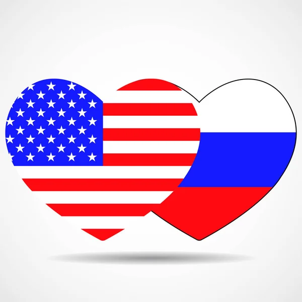 Dos Corazones Con Bandera Los Estados Unidos Rusia Amistad Vector — Vector de stock