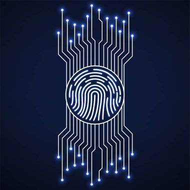 Soyut neon işaret parmak izi ile devre kartı. Teknoloji kavramı