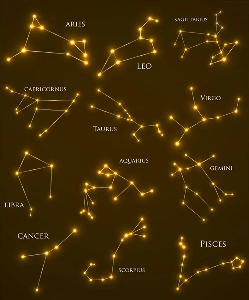 Conjunto Constelaciones Del Zodiaco Juego Horóscopos Aries Leo Sagitario Capricornio — Archivo Imágenes Vectoriales