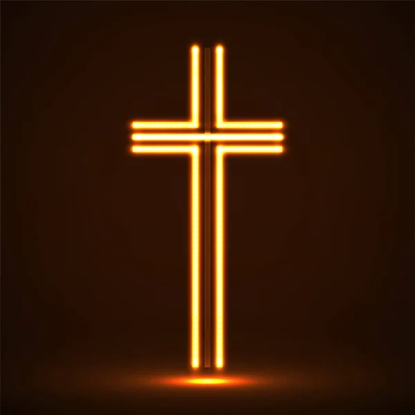 Brillante cruz cristiana. Símbolo religioso, signo de neón. Vector — Vector de stock