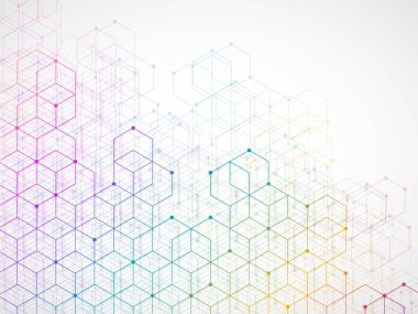 Küpleri ile arka renkli geometrik plan. Çizgilerin ve noktaların geometrik konseptiyle