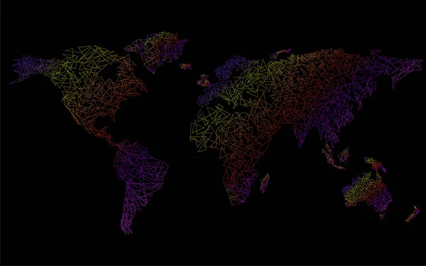 ドットと線、ネットワーク接続を持つ抽象的なカラフルなポリゴン世界地図 — ストックベクタ