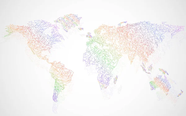 점과 선, 네트워크 연결과 추상 다채로운 다각형 세계지도 — 스톡 벡터