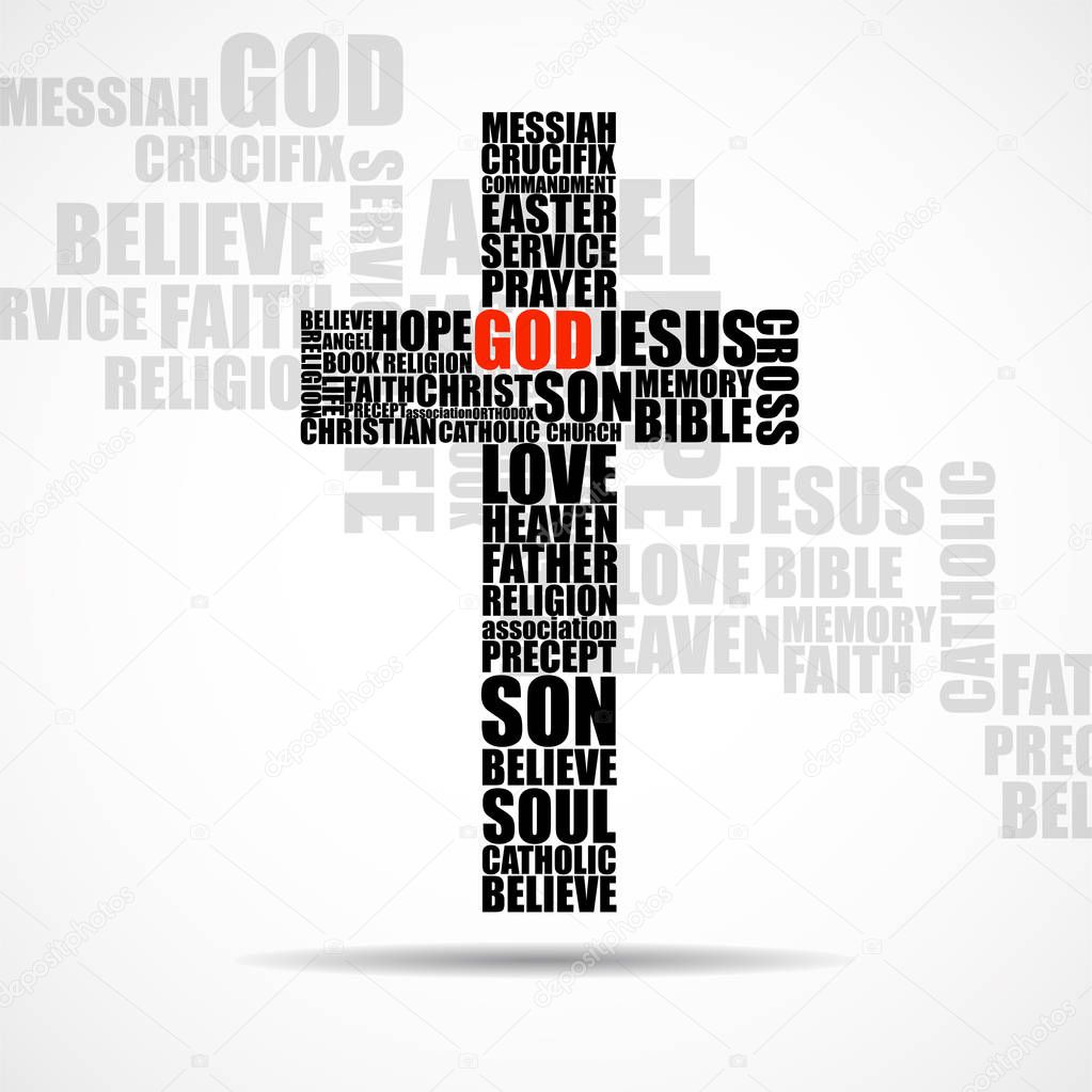 Cross of religious words. Christian Symbol. Vector