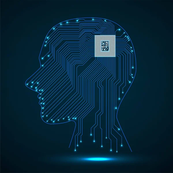 Néon abstrait tête humaine avec cpu, circuit imprimé — Image vectorielle