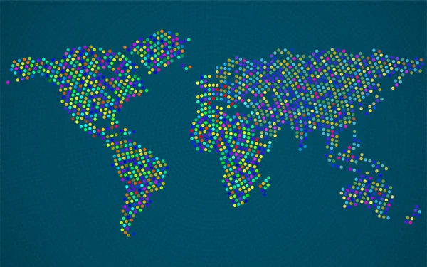 Carte du monde abstraite et colorée des points radiaux — Image vectorielle