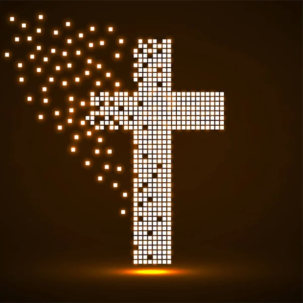 Abstraktes leuchtendes Kreuz aus Pixeln. Neon christliches Symbol — Stockvektor