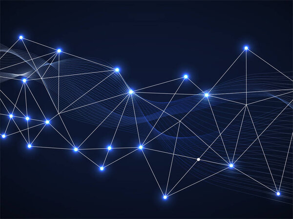Абстрактный технологический фон. Футуристическая волна со светящимися точками и линиями
