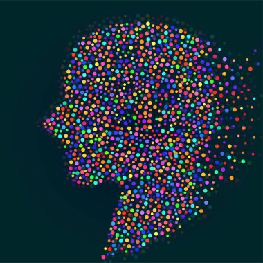 Renkli daireler, noktalı logo ile soyut siluet insan kafası