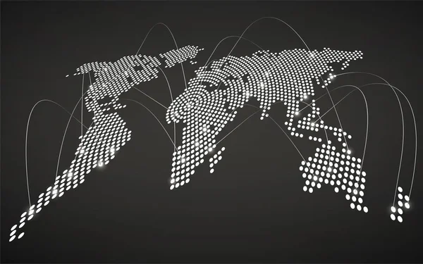 Mapa do mundo abstrato com pontos radiais brilhantes, conexão de rede —  Vetores de Stock