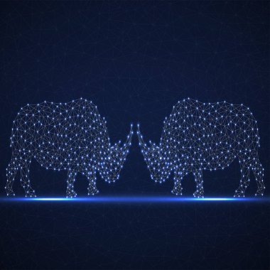 Two abstract polygonal wireframe rhinoceros of glowing points and line clipart