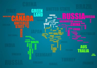 Tipografi renkli Dünya Haritası ülke adları ile