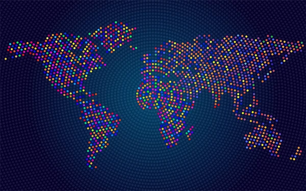 Mapa del mundo abstracto con puntos radiales de colores. Vector — Archivo Imágenes Vectoriales