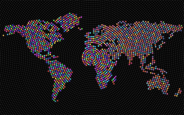 Αφηρημένο παγκόσμιο χάρτη με πολύχρωμες ακτινικές κουκίδες. Διάνυσμα — Διανυσματικό Αρχείο