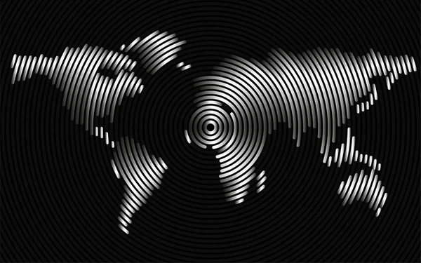 Mapa del mundo abstracto de líneas radiales, geografía de fondo, concepto de medio tono, vector — Vector de stock