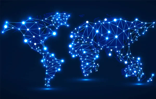 Mapa do mundo poligonal abstrato com pontos e linhas brilhantes, conexões de rede —  Vetores de Stock