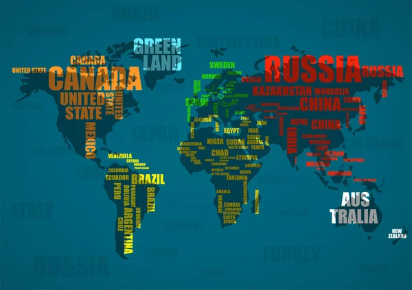 Tipografía colorido mundo compuesto por los nombres de los países — Vector de stock