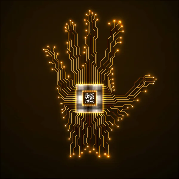 Main néon abstrait avec cpu, carte de circuit imprimé — Image vectorielle