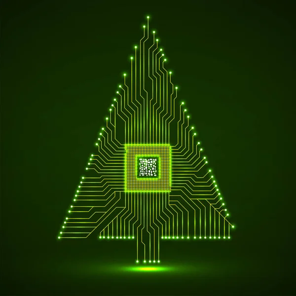 Абстрактная технология Рождественская елка с микропроцессором, светящаяся плата — стоковый вектор