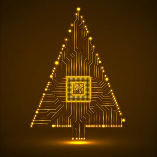 Árbol de Navidad de tecnología abstracta con microprocesador, placa de circuito brillante — Archivo Imágenes Vectoriales