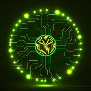 Çevresinde devre kartı olan soyut neon levha parmak izi. Teknoloji konsepti