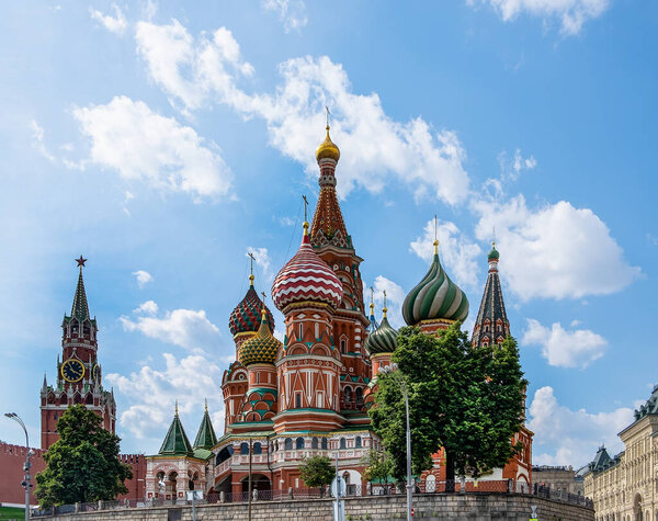 Moscow, Russia - June 25, 2020. View of the temple of Basil blessed and other historical buildings of the Kremlin of Moscow. Selective focus.