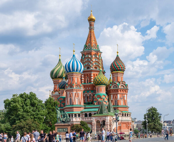 Moscow, Russia - June 25, 2020. View of the historic building of St. Basil's Cathedral from Red Square. Selective focus.
