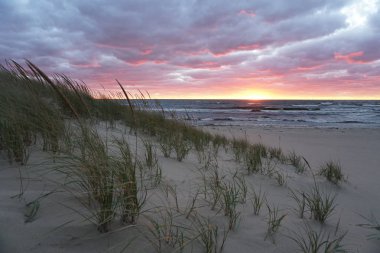 Deniz ve sandy beach yukarıda günbatımı Zamanı