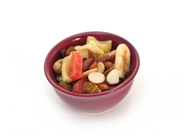 Studio Shot Bowl Dried Fruits Nuts Isolated White Background — Stock Photo, Image