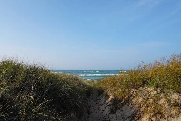 Linha Costa Lago Michigan Com Praia Céu Azul Nuvens — Fotografia de Stock