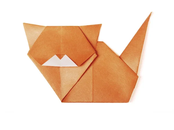 Malá červená origami kočka na bílém pozadí. — Stock fotografie