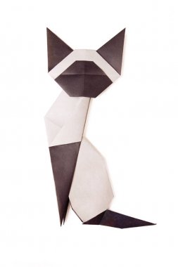 Beyaz arka plan üzerinde küçük kırmızı origami siyam kedisi.