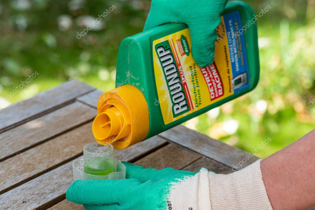 Paris, France - August 15, 2018 : Gardener using Roundup herbicide in a french garden. Roundup is a brand-name of an herbicide containing glyphosate, made by Monsanto Company.