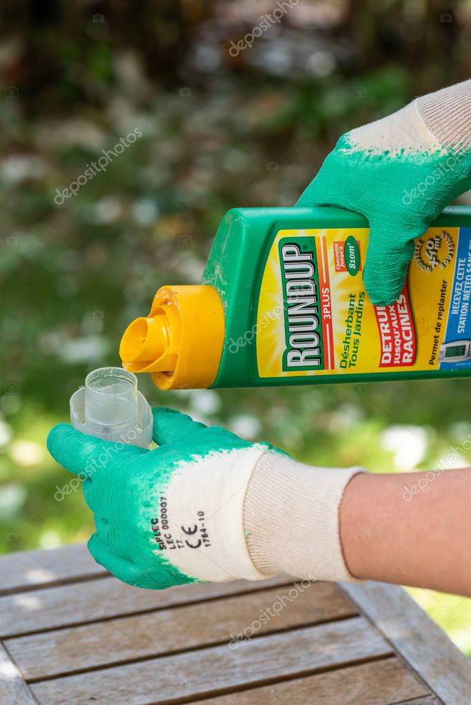 Paris, France - August 15, 2018 : Gardener using Roundup herbicide in a french garden. Roundup is a brand-name of an herbicide containing glyphosate, made by Monsanto Company.