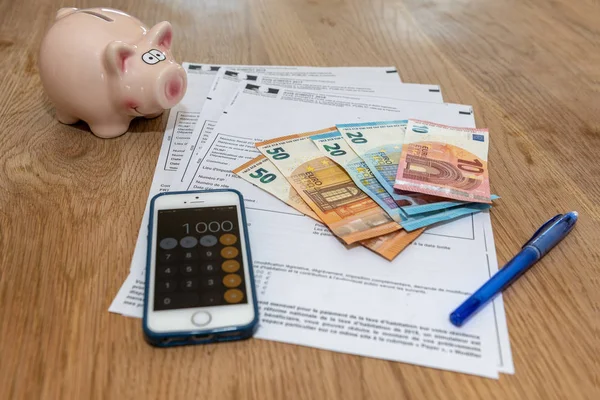 Paris France November 2018 Various French Taxes Return Piggy Bank — Stock Photo, Image