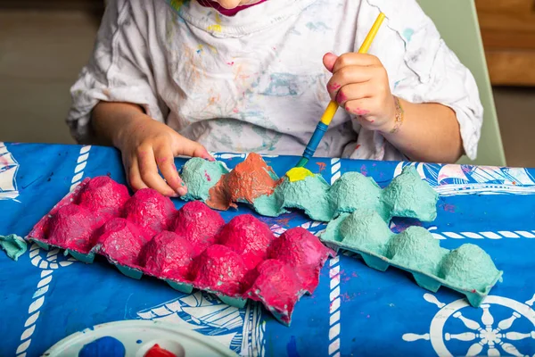 Child Painting Egg Box Brush — Stock Photo, Image