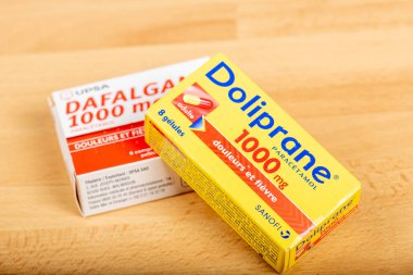 Paris, Fransa - 19 Haziran 2020: Parasetamol tabanlı ağrı kesici Doliprane ve Dafalgan kutuları. Fransa, kendi topraklarındaki Parasetamol üretiminin yerini değiştirmek istiyor.
