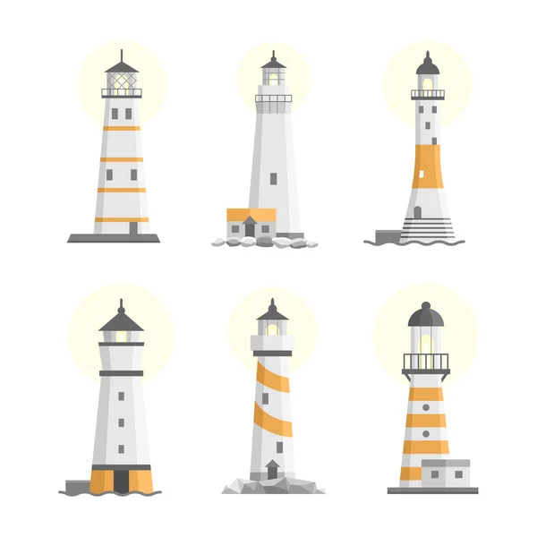 Vector Set Cartoon Vlakke Geïsoleerde Vuurtorens Zoeklicht Torens Voor Maritieme — Stockvector