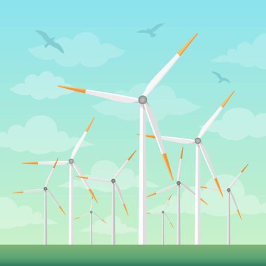 Yeşil alanlar vektör çizim üzerinde yel değirmenleri