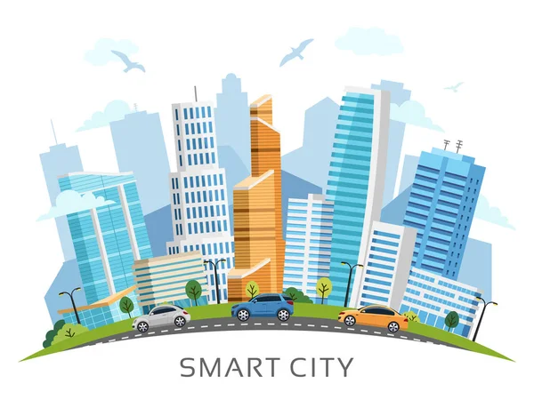 Smart City mit Wolkenkratzern Vektorbogen-Landschaft — Stockvektor