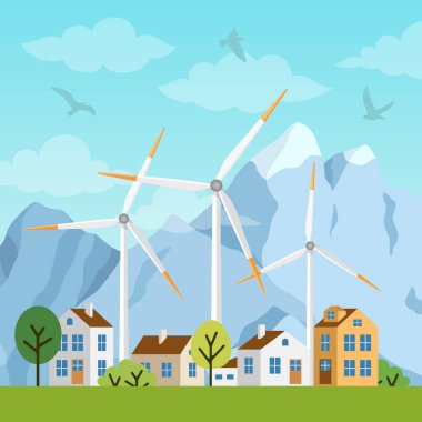 Yatay, özel evler ve bir arka plan dağlar ve tepeler üzerinde yel değirmenleri. Rüzgar jeneratör türbinleri doğa Eko yenilenebilir enerji üretmek. Alternatif enerji kaynakları.