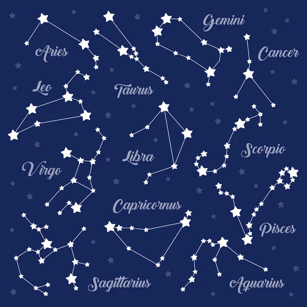 12 zodiac tecken konstellationer vektor på mörka — Stock vektor