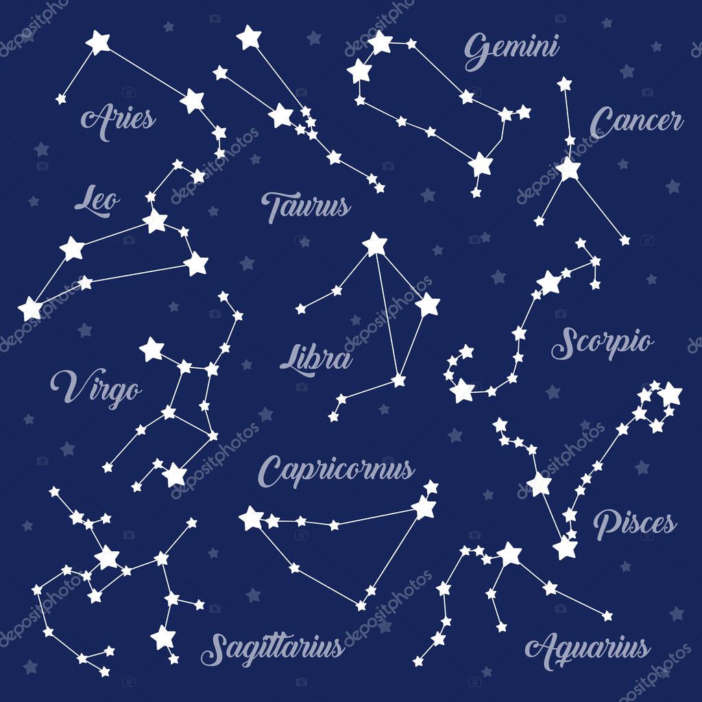 12 signos del zodiaco constelaciones vector conjunto en la oscuridad Vector  de stock por ©primula_kat 209482362, image size:1024x1024