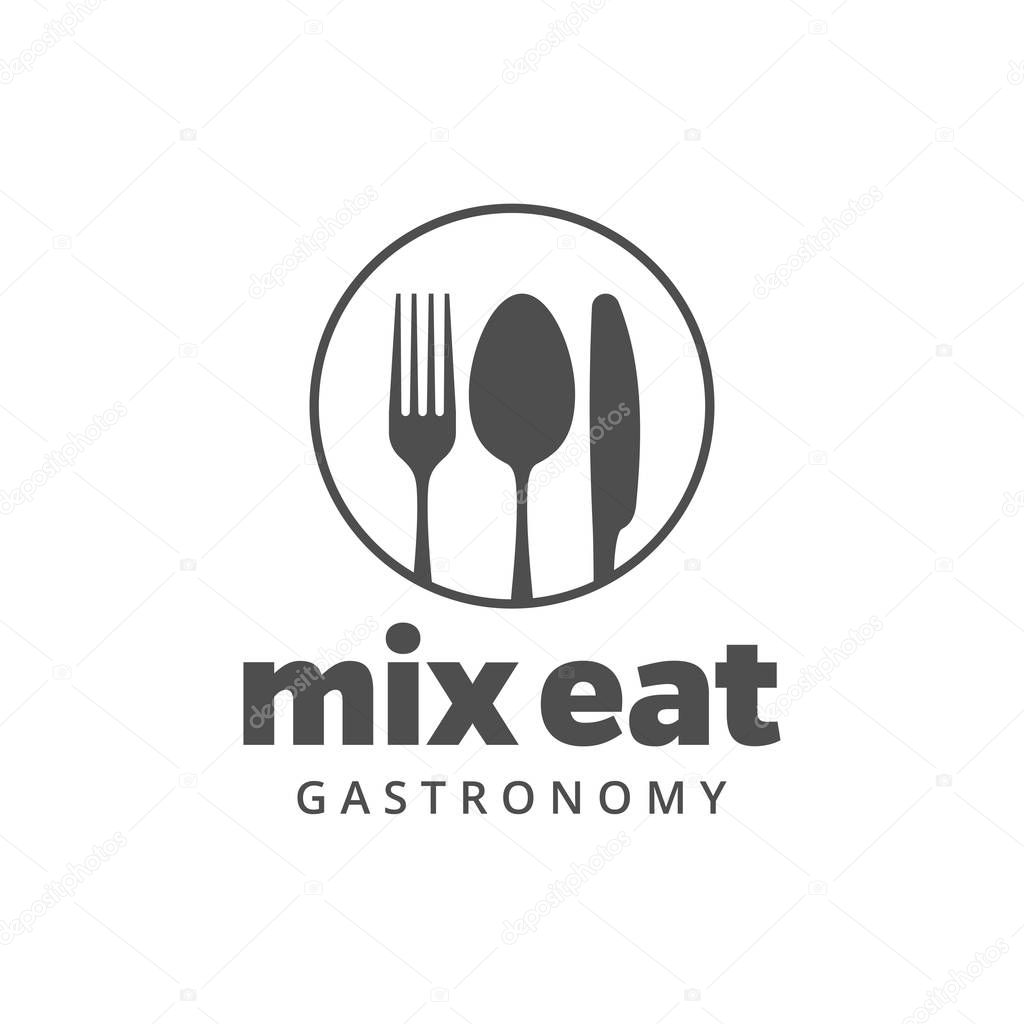 Food vector logo with fork, knife and spoon. Isolated sign. Cutlery in circle form with company or restaurant name