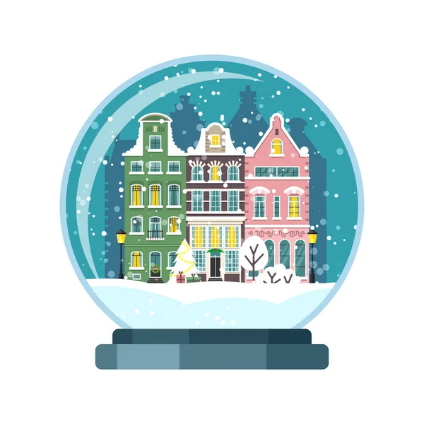Рождественский Снежный Шар Домиками Амстердаме Изолированная Векторная Иллюзия — стоковый вектор