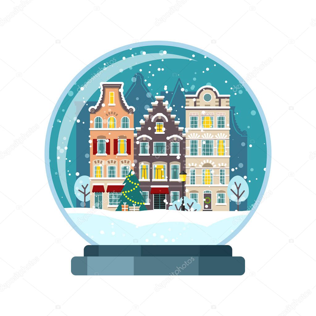 Christmas vector snow globe with Amsterdam houses