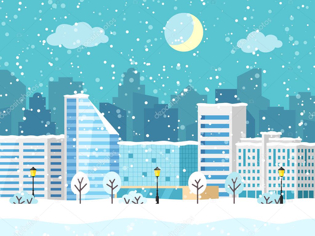 Christmas winter city landscape with big building. Snowy evening view with buildings and skyscrapers. Vector illustration