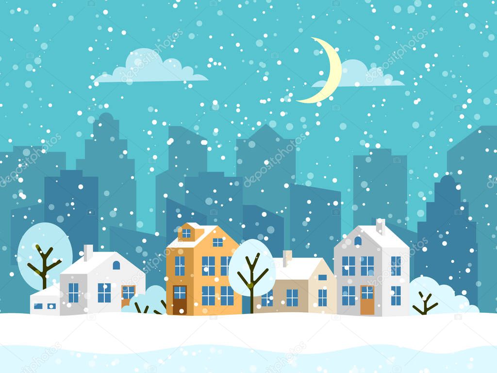 Christmas winter vector landscape with small houses